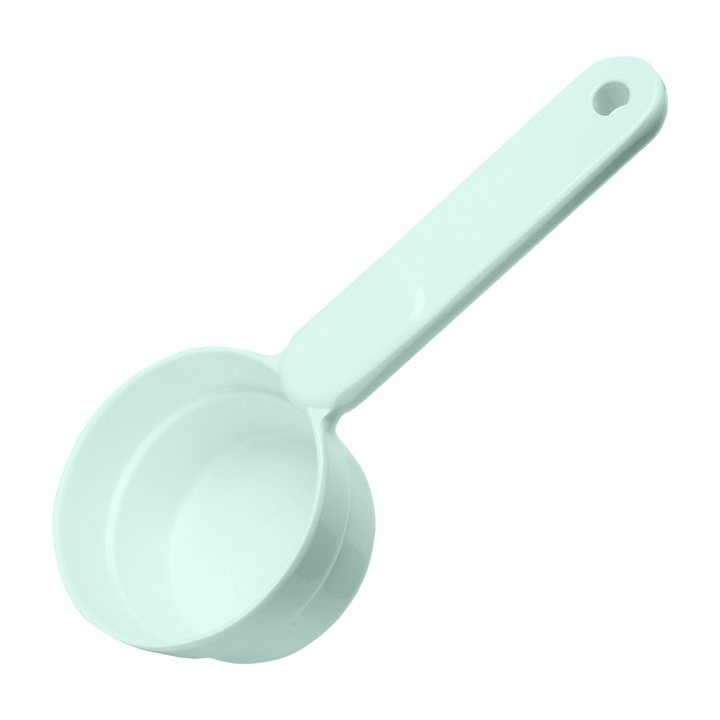 Mint-green plastic pet food scoop with a round cup and long handle with a hanging hole.