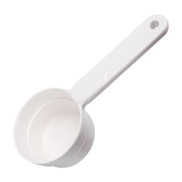 White plastic pet food scoop with a round cup and long handle with a hanging hole.