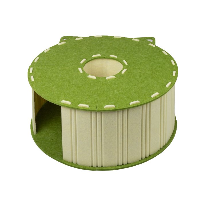 Green and cream felt drum-shaped cat house with a removable scalloped lid and a round side entrance.
