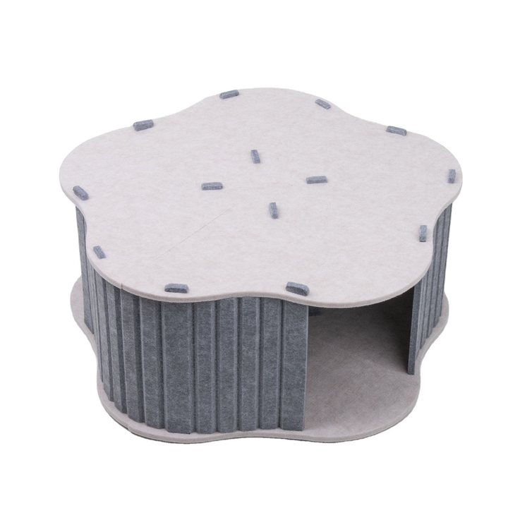 Grey and cream felt drum-shaped cat house with a scalloped removable lid and a round side entrance.