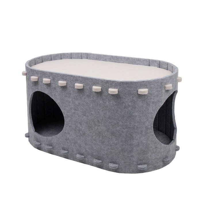 Grey felt oval cat house with two round side entrances and a stitched cream top panel.