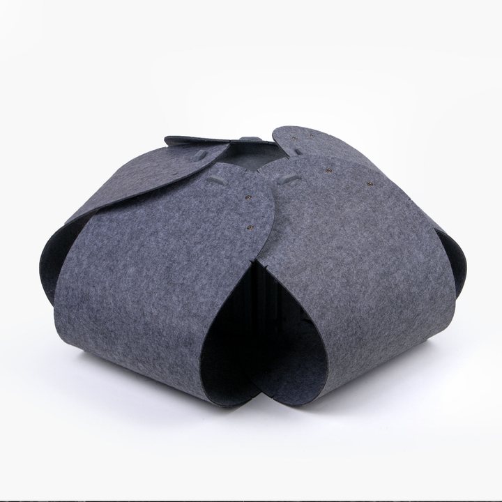 Dark grey felt folding cat cave made of four overlapping panels forming a rounded pod with an entrance flap.