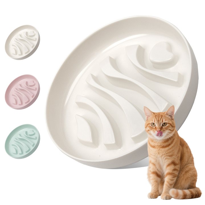 White ridged slow-feed cat bowl shown with pink and mint-green color options