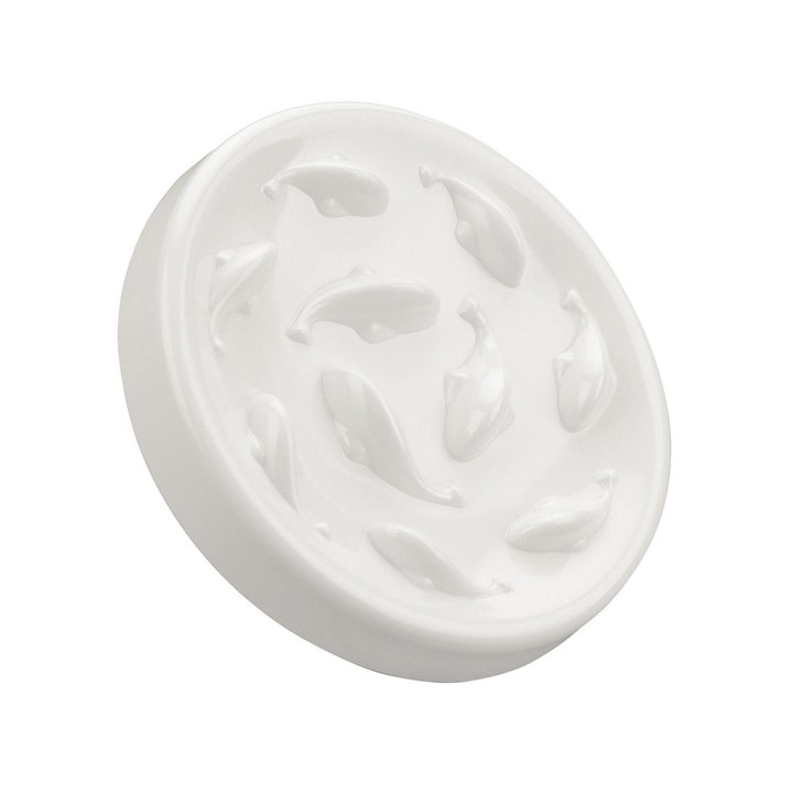 White melamine pet bowl with a raised fish-shaped ridge pattern inside.