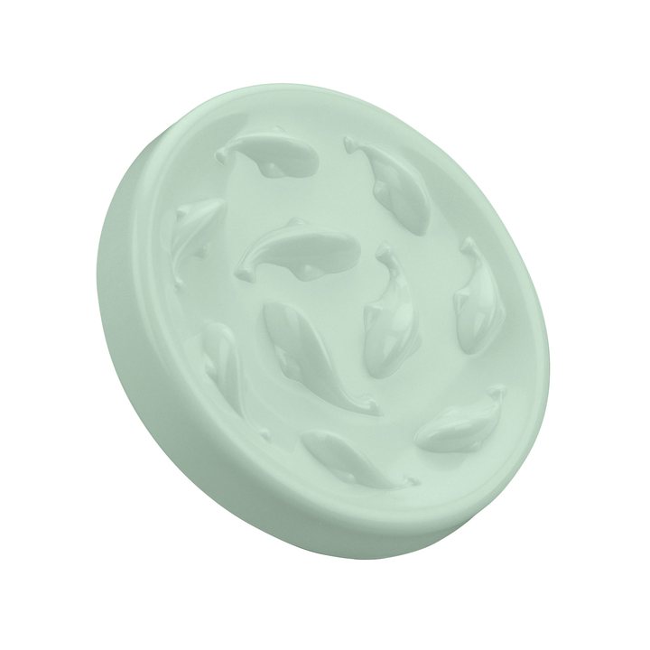 Mint-green melamine pet bowl with a raised fish-shaped ridge pattern inside.