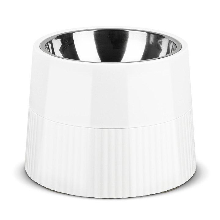 White ribbed elevated pet bowl stand with a removable stainless steel liner, shown empty.