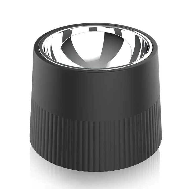 Black elevated pet bowl with a polished stainless steel liner and ribbed base
