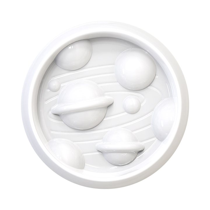 White slow feeder bowl moulded with planet and ring shapes