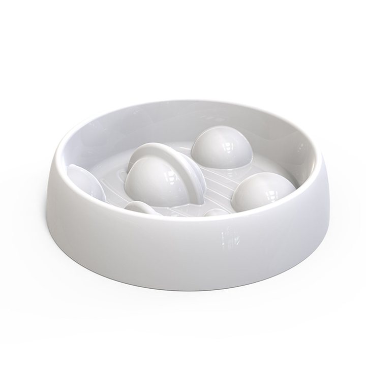 Grey-white slow feeder bowl moulded with dome-shaped obstacles