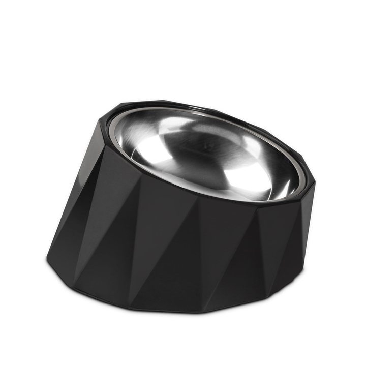 Black faceted pet bowl with a polished stainless steel liner