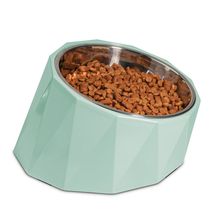 Sage-green faceted pet bowl with a stainless steel liner, filled with kibble