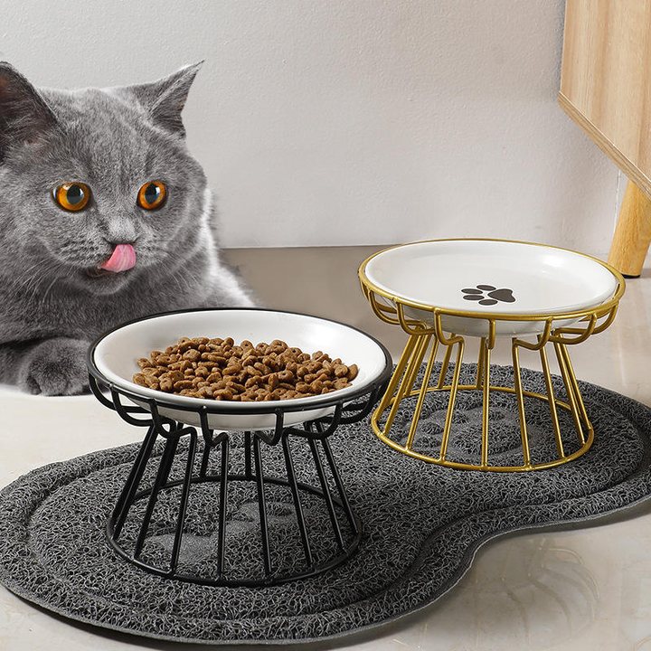 Two ceramic pet bowls, one filled with kibble, set in round black and gold wire frame stands on a grey non-slip mat.