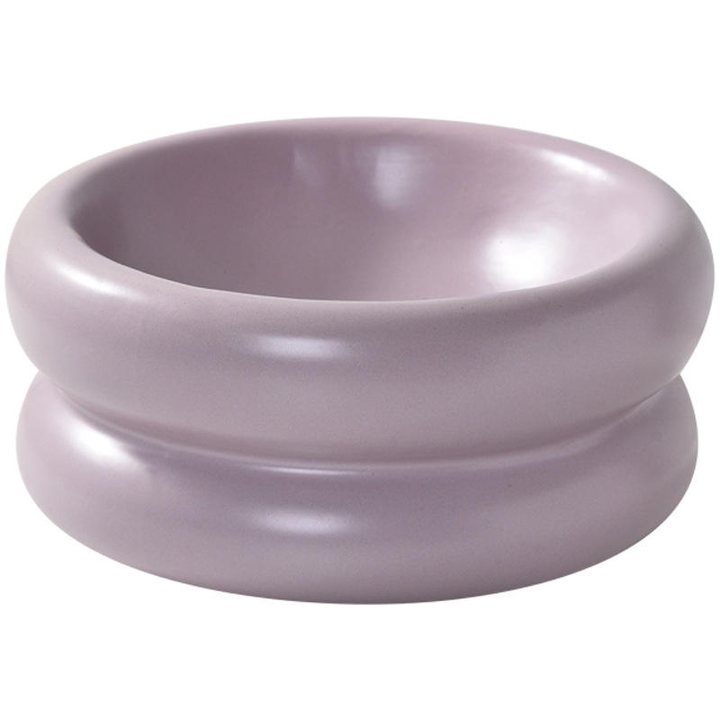 Double-ring ceramic pet bowl in a plain lilac glaze.