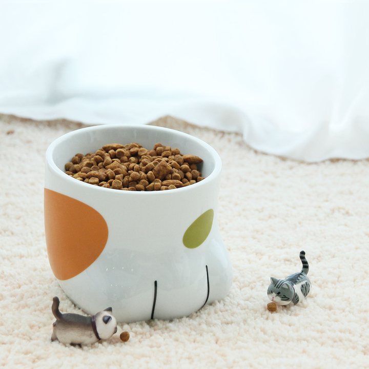 White ceramic paw-shaped pet bowl with orange and green paw-pad markings, filled with kibble, styled on a cream rug with a sheer curtain background.