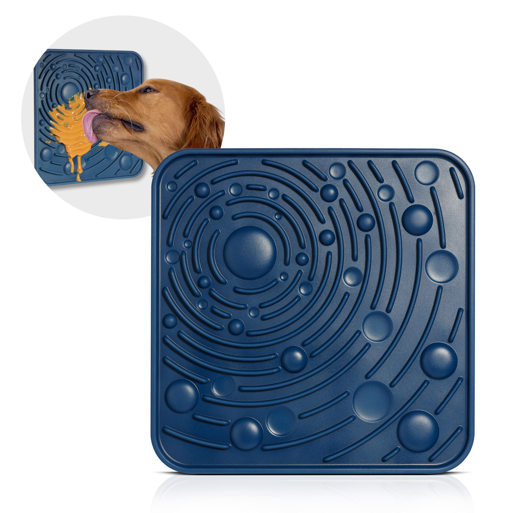 Dark-blue square lick mat with raised arcs and dots; an inset shows a dog licking the mat.