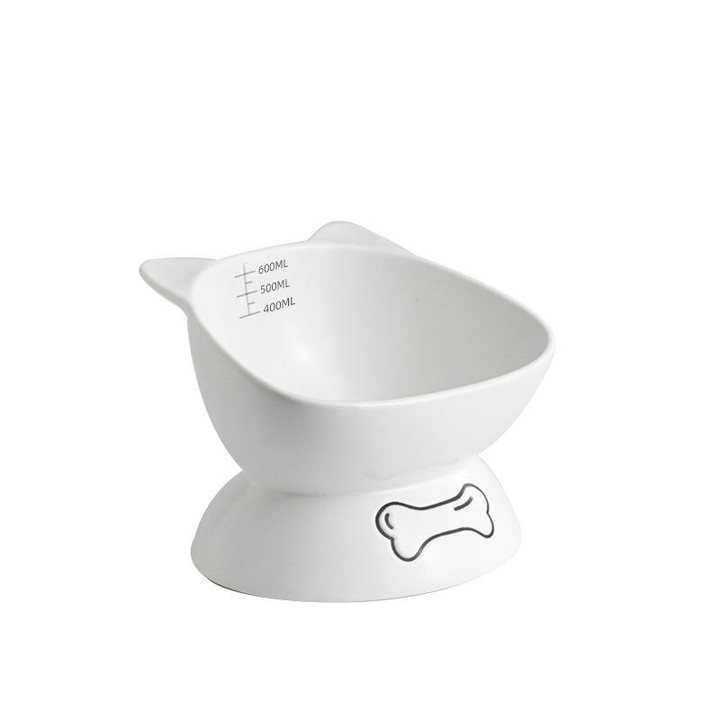 White ceramic elevated pet bowl with a cat-ear-shaped pour spout and printed 400/500/600ml measuring marks inside.