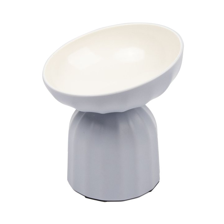 Grey elevated pet bowl with a tilted oval basin on a rounded pedestal base.