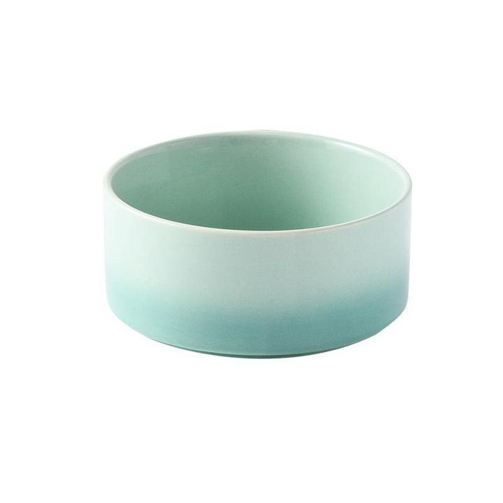 Plain cylindrical ceramic pet bowl with a teal-to-white ombre glaze.