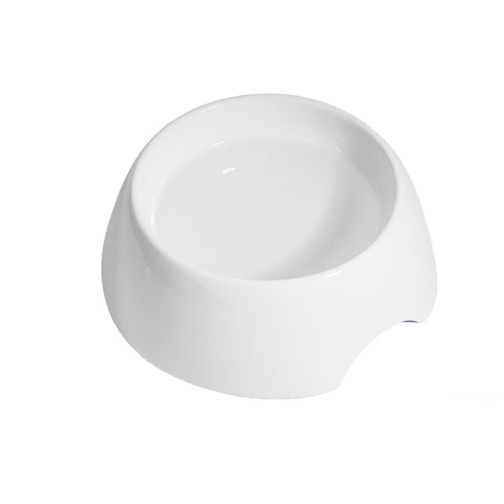 White ceramic pet bowl with a tilted rim and a cut-away notch on one side.