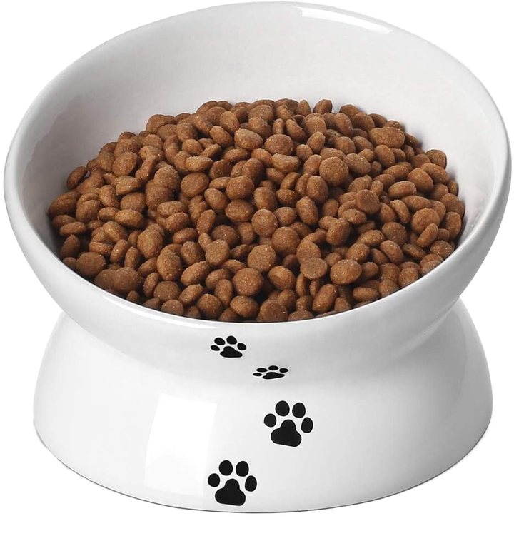 White ceramic pedestal pet bowl with a printed paw-print pattern, filled with kibble.