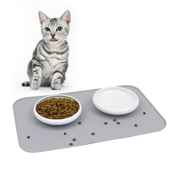 Grey silicone feeding mat with two round white ceramic bowls, one filled with kibble.
