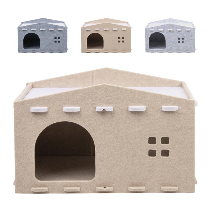 Felt A-frame cat house with an arched doorway and small window cutouts, available in grey, tan and light-grey colourways.