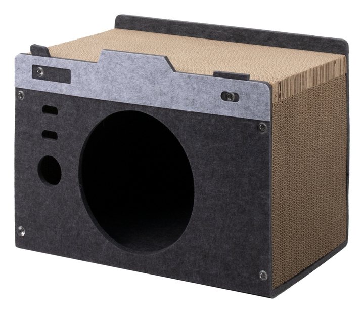 Camera-shaped novelty cat scratcher house with corrugated cardboard scratch panels