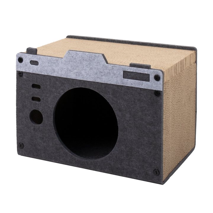Camera-shaped cat house in grey and tan felt with a round lens-style entrance and corrugated scratch panels.