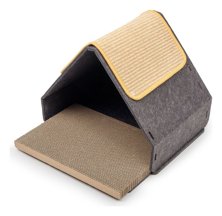 Grey felt A-frame cat house with a sisal-covered roof flap open over a corrugated cardboard scratch floor