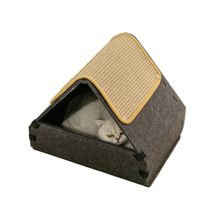 Dark grey felt A-frame cat house with a tan sisal-covered roof panel edged in yellow trim.