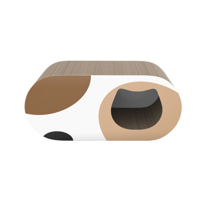 Cardboard cat lounge with an oval entrance and a built-in scratch pad, in a cream and tan spotted finish.
