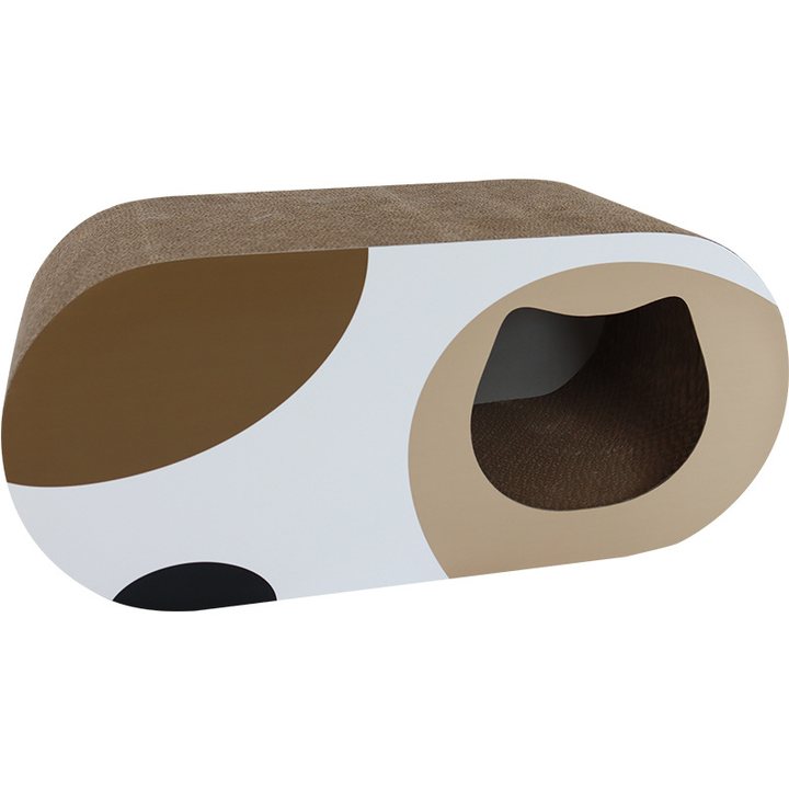 Oval capsule-shaped cardboard cat house with a cow-print pattern and a rounded side entrance.
