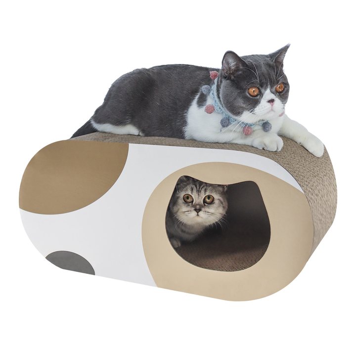 Oval capsule-shaped corrugated cardboard cat lounge with a cat-face-shaped entrance cut-out.