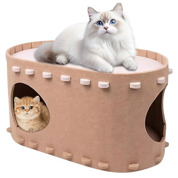 Tan felt oval cat house with a cat resting on the flat top deck and a kitten peeking from the side entrance.