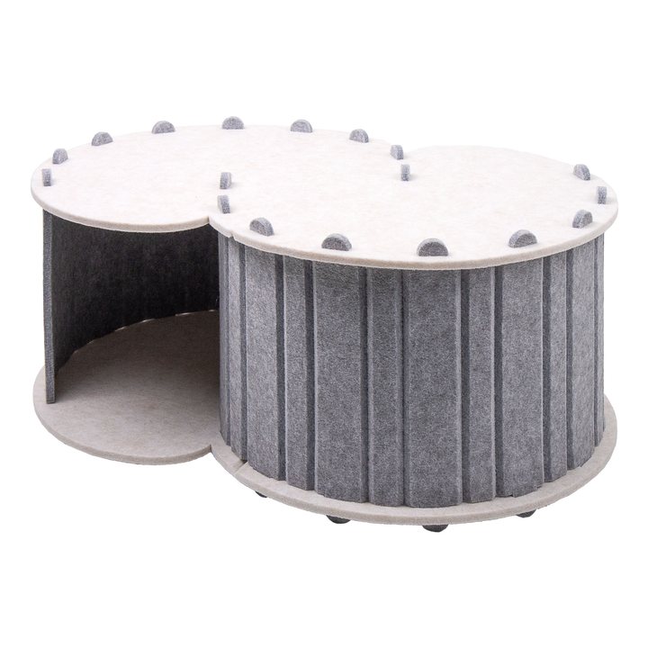 Twin-chamber ribbed felt cat house with two round drum sections joined together, one lid open to show the interior.