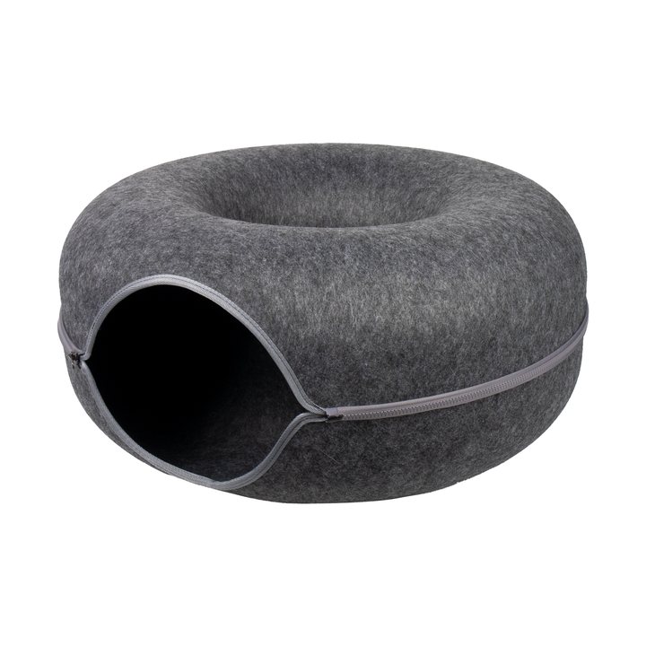 Donut-shaped felt cat cave with a round zip-trimmed tunnel opening on one side.