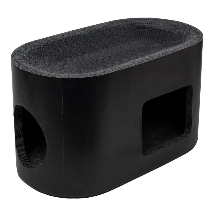 Black corrugated cardboard oval cat house with a scratch-pad top and two cutout entrances.