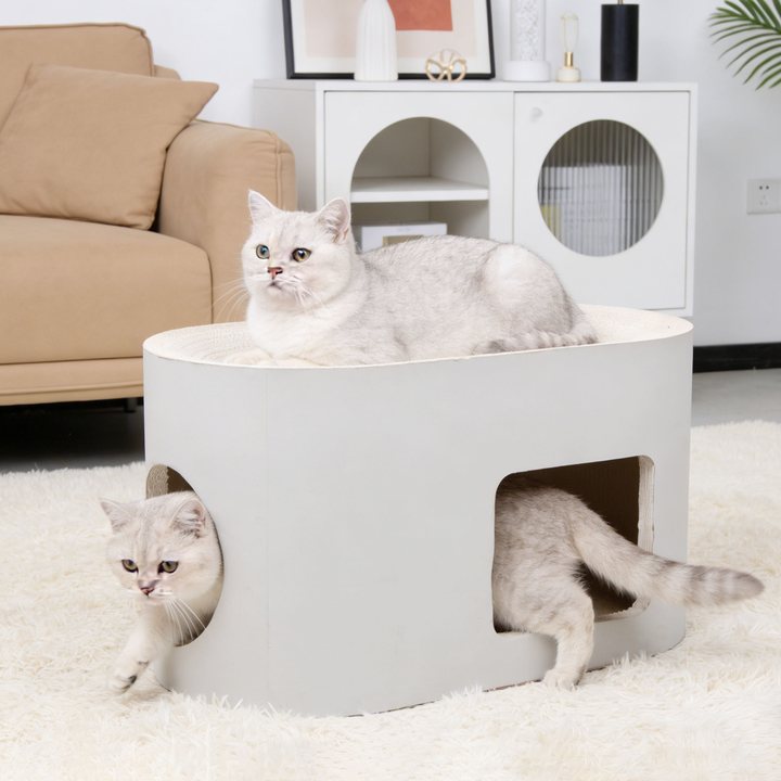 White oval cat house with a textured scratch top in a modern living room, with cats on top and entering the side.