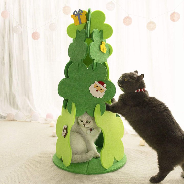 Multi-tier green felt cat tree house with a round base and felt cutout decorations