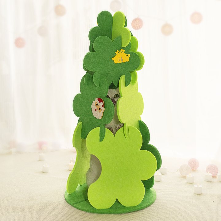 Green felt Christmas-tree-shaped folding cat house with tiered flower panels and holiday appliques