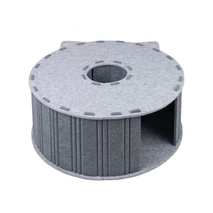 Round grey felt cat house with a ribbed side wall and a lift-off top lid