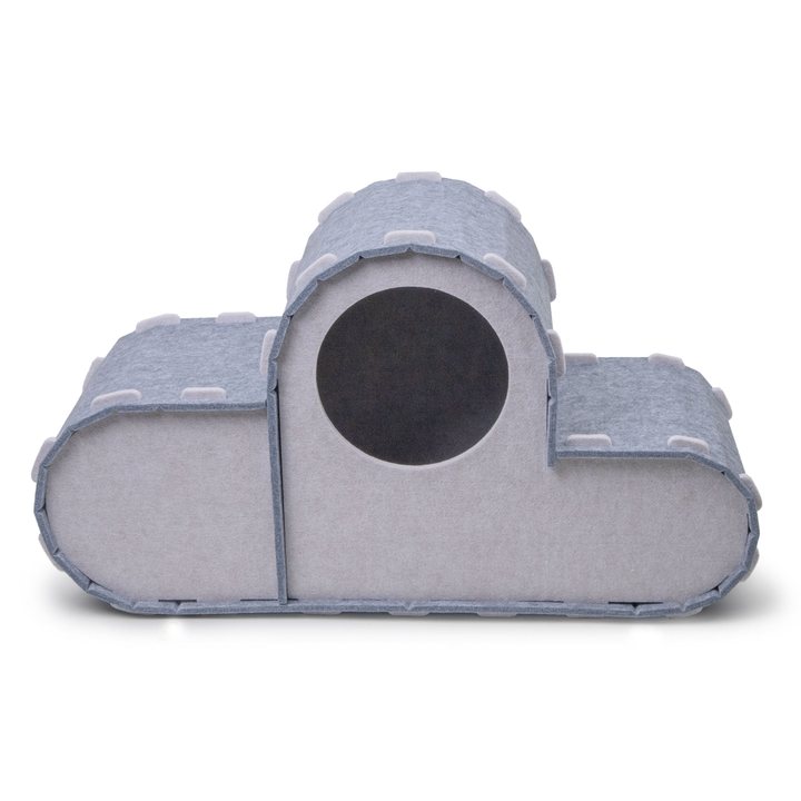 Cloud-shaped grey felt cat house with a round entrance opening