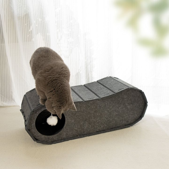 Dark grey felt cat tunnel with a ridged top deck