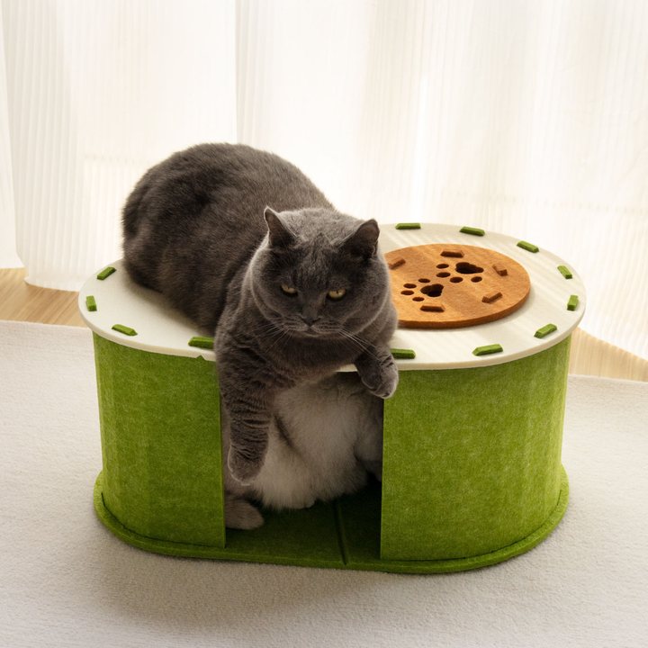 Peanut-shaped green felt cat house with a round paw-print patterned lid