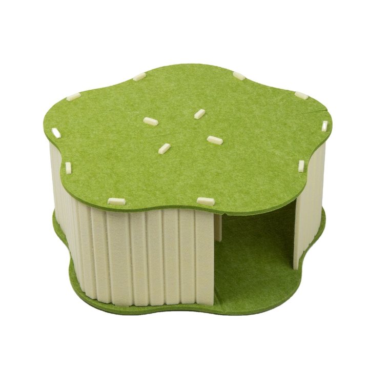 Flower-shaped green felt cat house with a scalloped petal top
