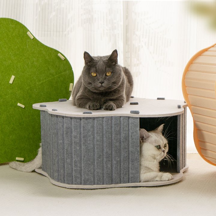 Flower-shaped grey felt cat house with a scalloped petal top