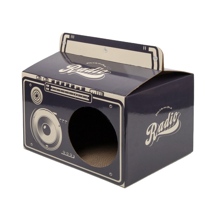 Cardboard cat scratcher house printed with a retro radio design and a round entrance hole