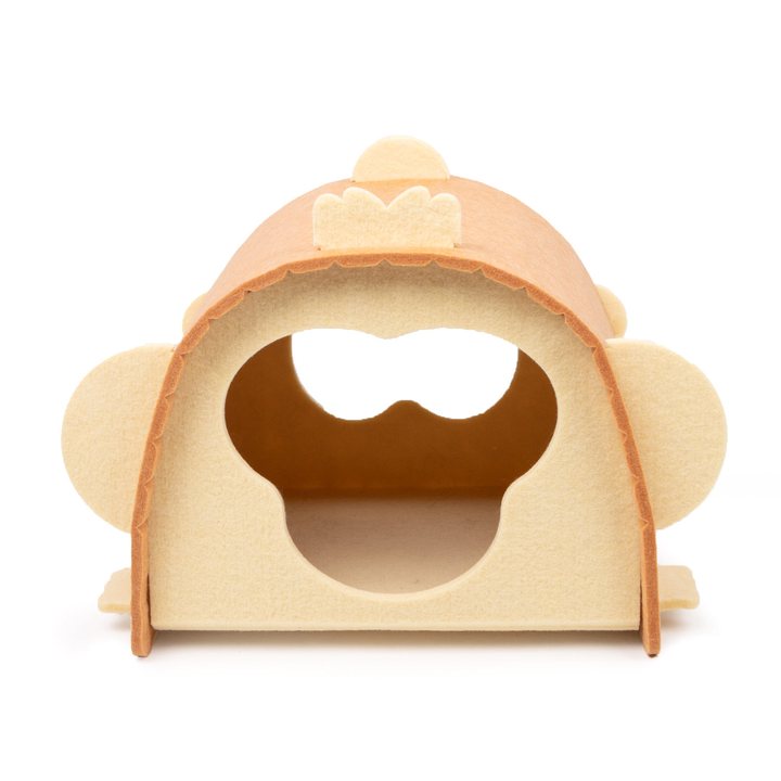Arched cream and tan felt cat cabin with rounded ear details and an arched entrance