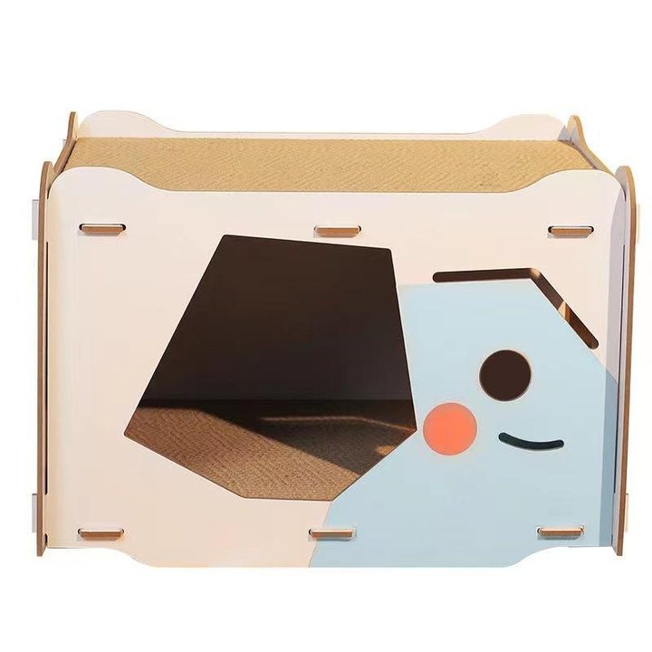 Cardboard cat house with a pentagon-shaped doorway and a simple cartoon-face print on one side panel, empty product shot