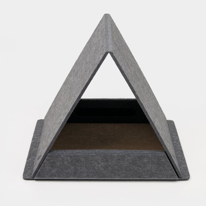 Gray felt A-frame cat tent with an open triangular front and a woven mat floor